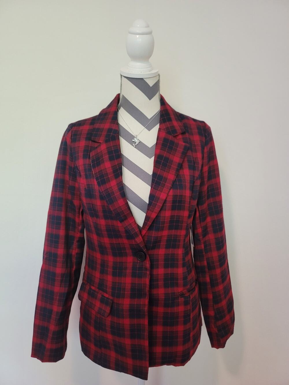 Charlotte Russe Plaid Red Blazer Jacket Size Medium With Pockets Lined Career